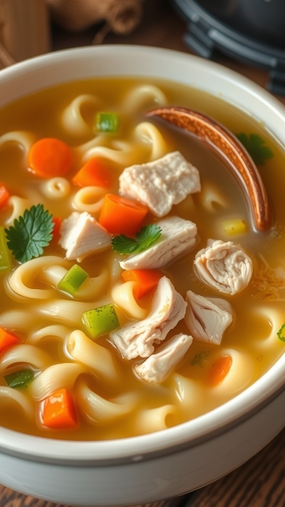 A comforting bowl of chicken noodle soup with chicken, noodles, carrots, and celery, garnished with parsley.